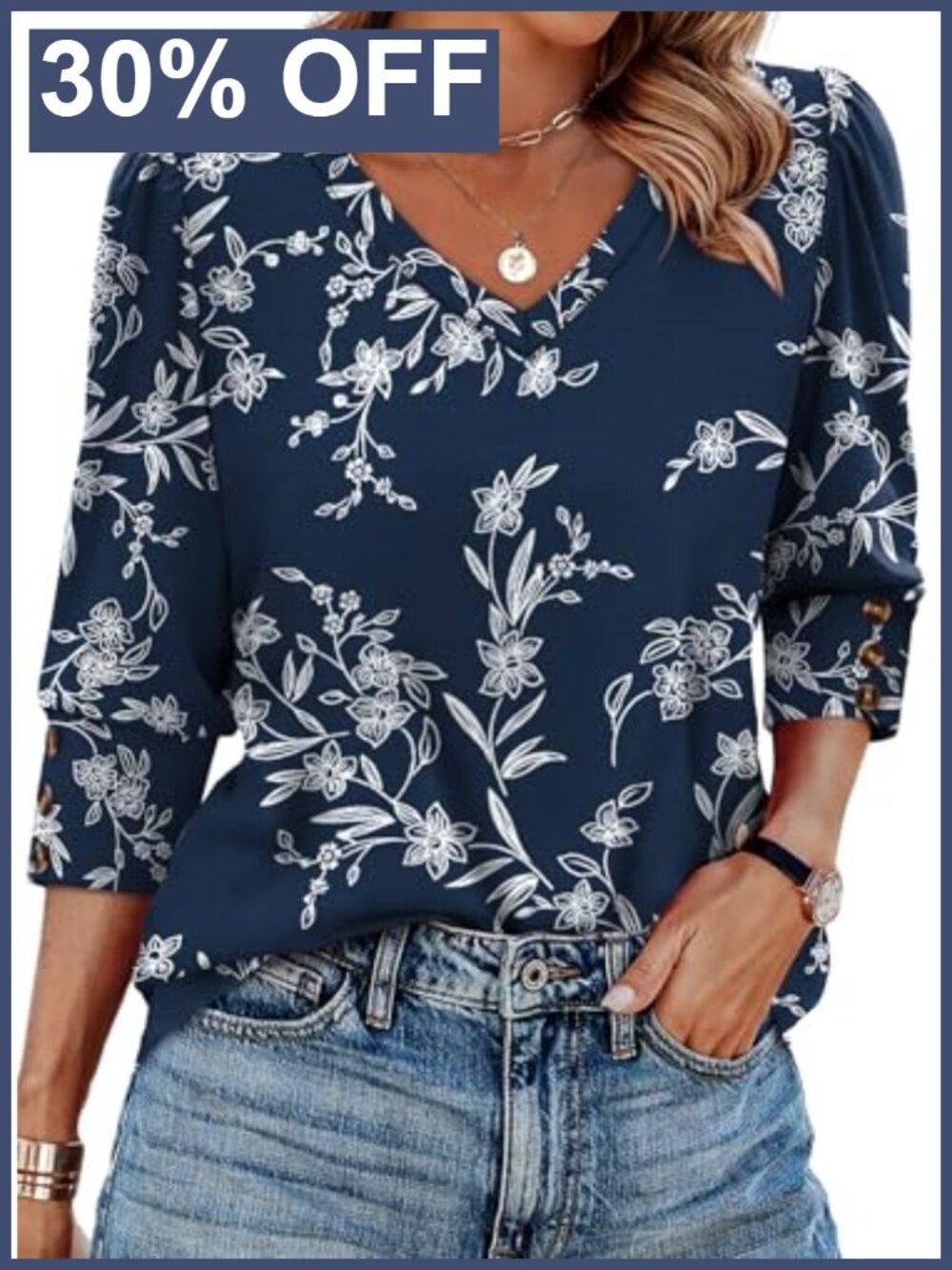Womens 3/4 Sleeve V Neck Blouse with Buttons Casual Tunic Top
